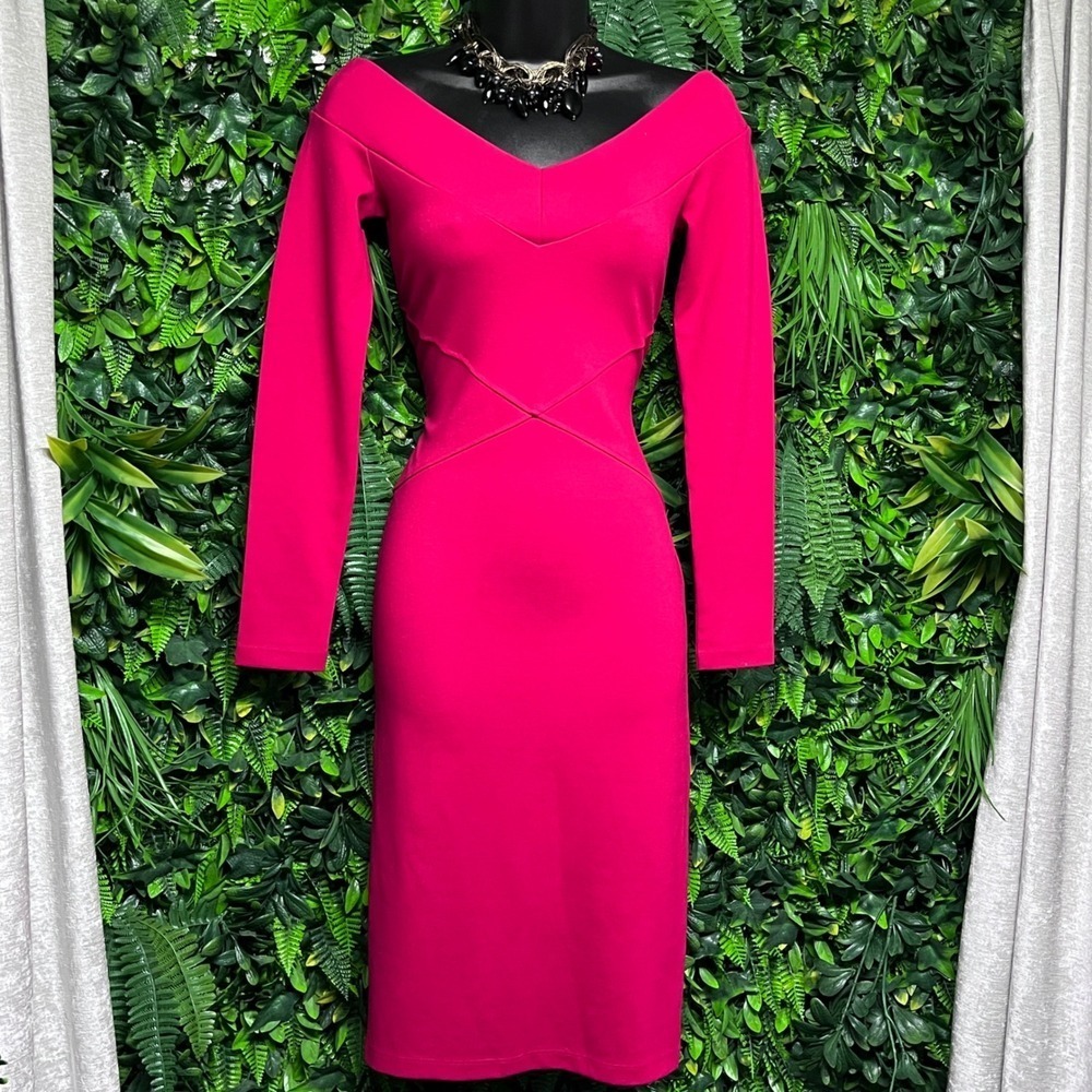 Karen Millen Dress US 6 Fuchsia Red Off Shoulder V-Neck Bodycon Midi 3853 - Picture 3 of 9